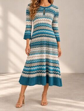 Jessica Chevron Knit Sweater Dress Teal Aqua Keyhole A-Line Midi Large